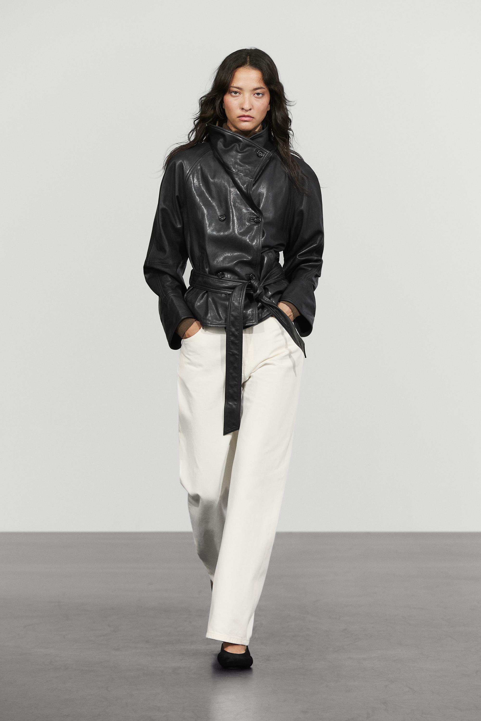 Short leather jacket with belt